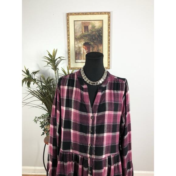 Time & True Women Flounce Tiers Dress XXL Boho Vacation Henley Neck Long Sleeve - Picture 2 of 13